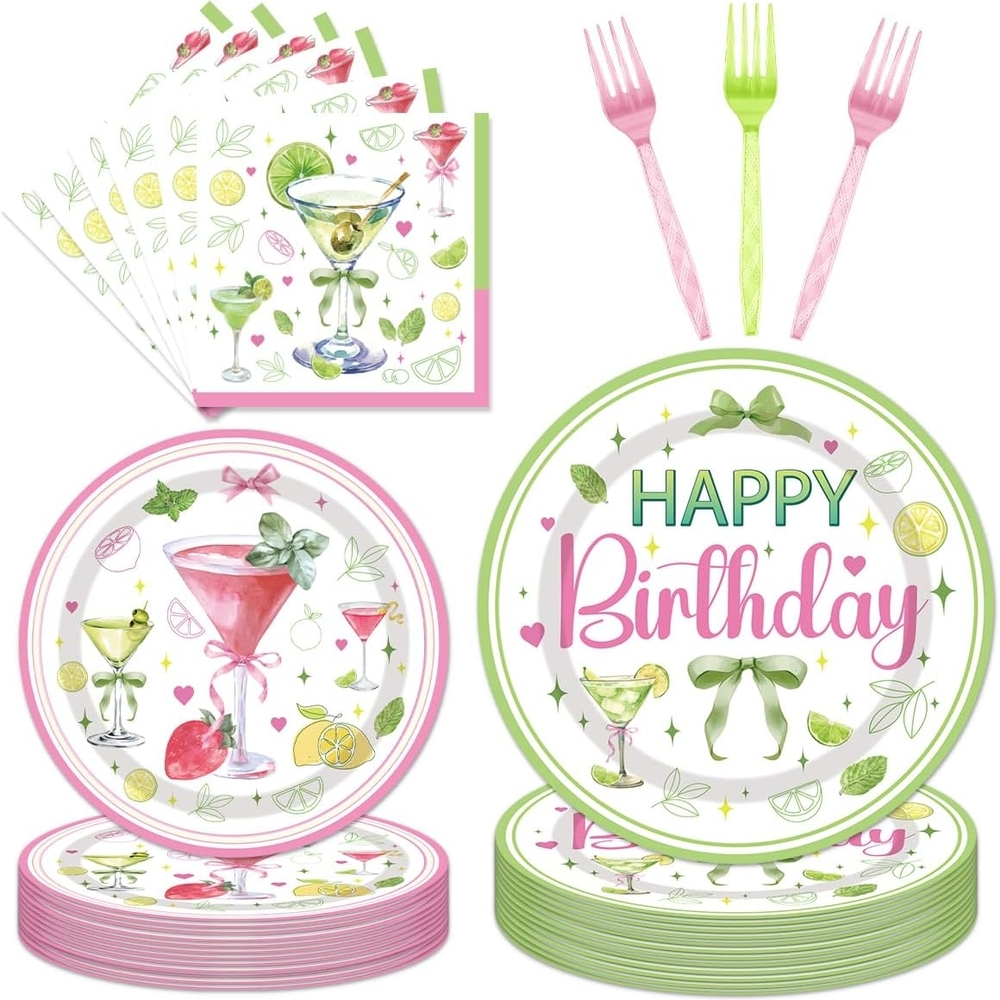 Birthday Party Supplies Disposable Tableware Set - Pink and Green